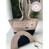 Double Knot Design Bailey 2li Takım Plaj Çantası , El Çantası Clutch, Totebag, Kadın Çanta, Yazlık, Hediyelik, hasır Jüt Tress - Siyah - Krem