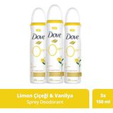 Dove Kadın Sprey Deodorant Limon Çiçeği ve Vanilya 150 ml x3 – Alüminyum ve Alkolsüz, 72 Saat Koruma, Nemlendirici Krem