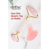 Dr.Fnc Gua Sha Quartz Taş ve Roller Seti - Pembe - Beyaz