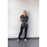 Dr. Mitra Kadın Likralı Yarasa Kol Hemşire Doktor Kelebek Desenli Tek Üst Forma - Siyah - XL
