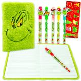 Dr. Seuss Grinch Plush Journal with Pens Set - Bundle with 120 Page Lined Composition Notebook with Plush Cover Plus 6 Gel Pens, Stickers, More | How the Grinch Stole Christmas Journal Notebook
