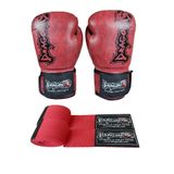 Dragondo Distrito Boks Muay Thai Eldiveni ve Kırmızı 3,5 Metre Bandajlı Set, 12 oz, 30127set, Kahverengi