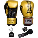 DragonDo Dragon Attack 5 Plus Pro Boks Eldiveni 3'lü Set Kick Boks Muay Thai Boks Eldiveni Bandaj ve Dişlik - Altın - 8 oz