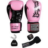 DragonDo Dragon Attack 5 Plus Pro Boks Eldiveni 3'lü Set Kick Boks Muay Thai Boks Eldiveni Bandaj ve Dişlik - Pembe - 12 oz