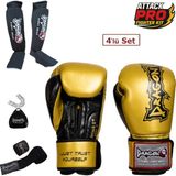 DragonDo Dragon Attack 5 Plus Profesyonel Boks Eldiveni 4'lü Set Boks Eldiveni Kaval Koruyucu Bandaj Dişlik - Altın - 8 oz