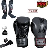 DragonDo Dragon Attack 5 Plus Profesyonel Boks Eldiveni 4'lü Set Boks Eldiveni Kaval Koruyucu Bandaj Dişlik - Gri - 8 oz