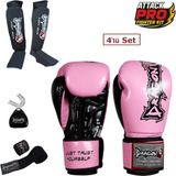 DragonDo Dragon Attack 5 Plus Profesyonel Boks Eldiveni 4'lü Set Boks Eldiveni Kaval Koruyucu Bandaj Dişlik - Pembe - 8 oz