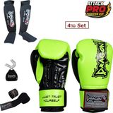 DragonDo Dragon Attack 5 Plus Profesyonel Boks Eldiveni 4'lü Set Boks Eldiveni Kaval Koruyucu Bandaj Dişlik - Yeşil - 12 oz