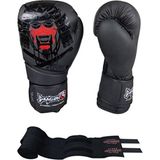 DragonDo Yakuza Muay Thai Kick Boks Eldiveni ve Whiteface Boks Bandajı 2’li Set Suni Deri - Siyah - 8 oz