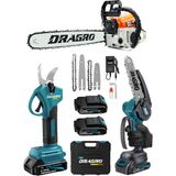 Dragro 3'lü Set 9.9 Hp Benzinli Odun Ağaç Kesme Motoru 21V Akülü Dal Budama Makası ve Testere