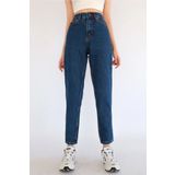 DRC trend Koyu Mavi Mom Jeans Likralı Yüksek Bel Mavi Kar Yıkamalı Mom Kot Pantolon