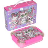 Dream Vest Bento 710ML Lunchbox Sevimli Dostlar Tek Katlı 3 Bölmeli Paslanmaz Çelik Sefer Tası Yemek Kutusu - Açık Pembe - Koyu Pembe