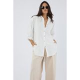 Dreamlike Katlamalı Uzun Kol Sedef Düğmeli Arkası Uzun Rahat ve Bol Kalıp Şık Cool Elegant Keten Tunik Gömlek - 001-Beyaz