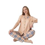 Dreamy Milan Kısa Kollu Ekose Kareli Düğmeli Gömlek Pijama Takımı, Somon, M
