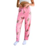 Dreamy Soft Kadife Dokulu Ayıcık Desenli Süet Pijama Altı Pantolon, Pembe, L