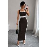 DRESSIFY WOMEN’S FASHION Kadın Askılı Geometrik Yaka Şerit Detaylı Uzun Dalgıç Elbise Yazlık Şık Elbise