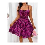 DRESSIFY WOMEN’S FASHION Kadın Askılı Hafif Yuvarlak Yaka Bağcıklı Beli Lastikli Keopar Desenli Kısa Süprem Elbise