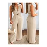 DRESSIFY WOMEN’S FASHION Kadın Askılı Kruvaze Yakalı Belinde Kemer Detaylı Uzun Ithal Krep Tulum