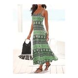 DRESSIFY WOMEN’S FASHION Kadın Ip Askılı V Yakalı Uzun Desenli Süprem Elbise