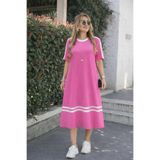 DRESSIFY WOMEN’S FASHION Kadın Kısa Kollu Bisiklet Yaka Şerit Detaylı Midi Viskon Elbise, Yazlık-Günlük Rahat Elbise