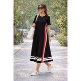 DRESSIFY WOMEN’S FASHION Kadın Kısa Kollu Bisiklet Yaka Yan Şerit Detaylı Midi Viskon Elbise, Günlük-Yazlık Elbise