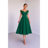 DRESSIFY WOMEN’S FASHION Kadın Kısa Kollu Kruvaze Yaka Krep Elbise - Eteği Volanlı Midi Boy Şık Davet Elbisesi