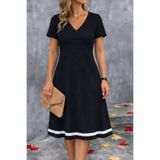 DRESSIFY WOMEN’S FASHION Kadın Kısa Kollu V Yakalı Etek Ucu Şeritli Midi Krep Elbise