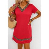 DRESSIFY WOMEN’S FASHION Kadın Kısa Kollu V Yakalı Etnik Desen Şerit Detaylı Viskon Elbise