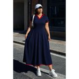 DRESSIFY WOMEN’S FASHION Kadın Kısa Kollu V Yakalı Pileli Uzun Janjan Krep Elbise