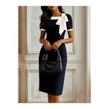 DRESSIFY WOMEN’S FASHION Kadın Kısa Kollu Yakadan Süs Bağcıklı Kısa Ithal Krep Elbise