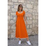 DRESSIFY WOMEN’S FASHION Kadın Kısa Kollu Yuvarlak Yakalı Yakası Renkli Kiloş Midi Viskon Elbise