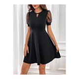 DRESSIFY WOMEN’S FASHION Kadın Kısa Tül Kollu Yuvarlak Yaka Damla Detaylı Kısa Ithal Krep Elbise