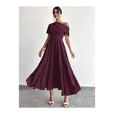 DRESSIFY WOMEN’S FASHION Kadın Omuzdan Açık Kısa Kollu Omuzdan Pileli Uzun Krep Abiye Elbise, Özel Gün-Davet Elbisesi
