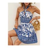 DRESSIFY WOMEN’S FASHION Kadın Omuzlardan Açık Damla Detaylı Boyun Arkasından Bağlamalı Desenli Kısa Süprem Elbise