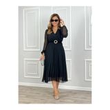 DRESSIFY WOMEN’S FASHION Kadın Şifon Kumaş Astarlı Kloş Kesim Kruvaze Yaka Midi Boy Elbise
