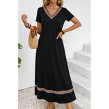DRESSIFY WOMEN’S FASHION Kadın Siyah Kısa Kollu V Yaka Etnik Desenli Uzun Viskon Maxi Elbise