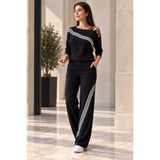 DRESSIFY WOMEN’S FASHION Kadın Tek Omuz Çapraz Şerit Detaylı Truvakar Kollu Ribanalı Viskon İki İplik Bluz Pantolon İkili Takım