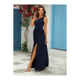 DRESSIFY WOMEN’S FASHION Kadın Tek Omuzdan Askılı Toka Detaylı Yandan Yırtmaçlı Uzun Janjan Krep Elbise