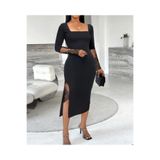 DRESSIFY WOMEN’S FASHION Kadın Uzun Kollu Geometrik Yakalı Dantel Detaylı Midi Ithal Krep Elbise