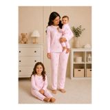 Drop Kids ANNE ÇOCUK KOMBİN UZUN PİJAMA TAKIM ÇİZGİLİ KURDELA DESEN