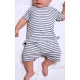 Drop Kids Bebek Pijama Takımı Lacivert Çizgili Baskılı Grimelanj Kısakol Şort Yenidoğan Çocuk Pijama - Lacivert - Gri - 6 - 9 Ay