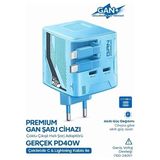 Drop Tedarik Gan+ Pd 40W Hızlı Şarj Adaptörü Çoklu Çıkış Usb-C Lightning Kablolu Hızlı Şarj Cihazı Ev Ofis Uyumlu Mavi - Şarj Aleti