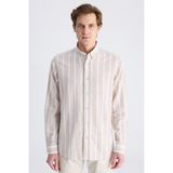 D'S Damat Ds Damat Comfort Bej Çizgi Desenli Keten Karışımlı Gömlek 4HC02KY042652 - 2XL