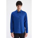 D'S Damat Ds Damat Comfort Indigo Düz %100 Keten Gömlek 6HC02AP01304M - İndigo - 3XL