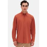 D'S Damat Ds Damat Comfort Kiremit Düğmeli Yaka Rahat Kesim Keten Görünümlü %100 Pamuk Gömlek 2HC02ORT64265 - 2XL
