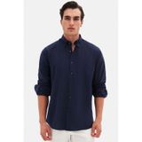 D'S Damat Ds Damat Comfort Lacivert Düğmeli Yaka Rahat Kesim Keten Görünümlü %100 Pamuk Gömlek 2hc02ort64265 Lacivert