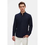 D'S Damat Ds Damat Comfort Lacivert Düğmeli Yaka Rahat Kesim Keten Görünümlü Pamuk Gömlek 2HC02ORT64265 - 2XL