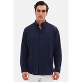 D'S Damat Ds Damat Comfort Lacivert Düğmeli Yaka Rahat Kesim Keten Görünümlü Pamuk Gömlek 2HC02ORT64265 - XL