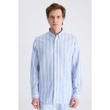 D'S Damat Ds Damat Comfort Mavi Çizgi Desenli Keten Karışımlı Gömlek 4HC02KY042652 - 2XL