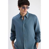 D'S Damat Ds Damat Comfort Petrol Flamlı Pamuk-Keten Yazlık Gömlek - 2XL
